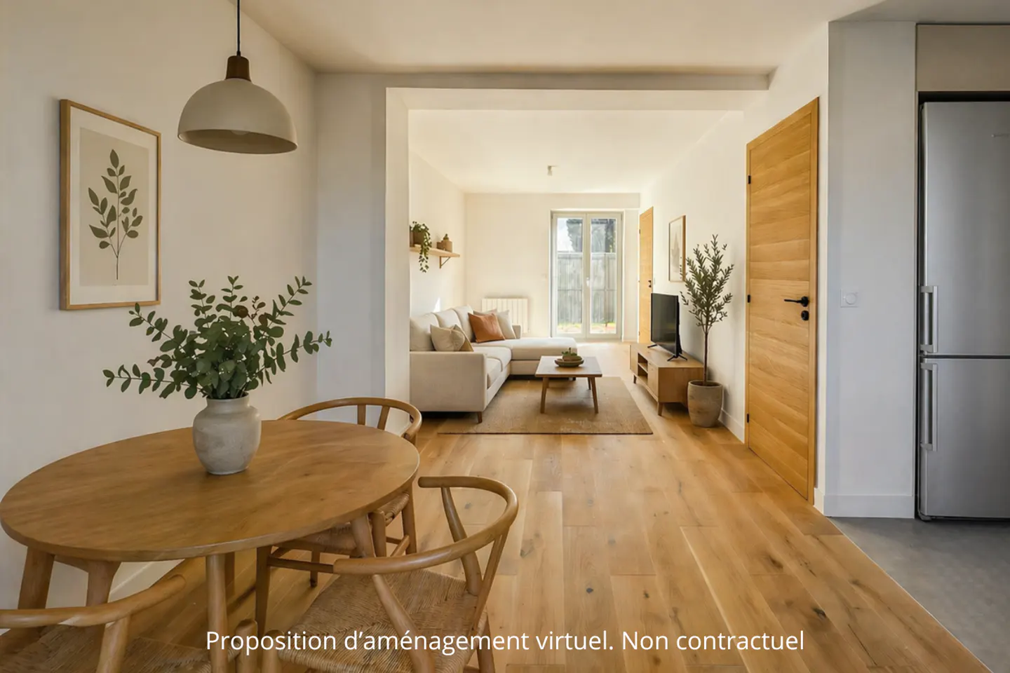 A bright, open-concept apartment with a dining area featuring a wooden table and chairs, a living room with a beige sofa, and a stainless steel refrigerator.