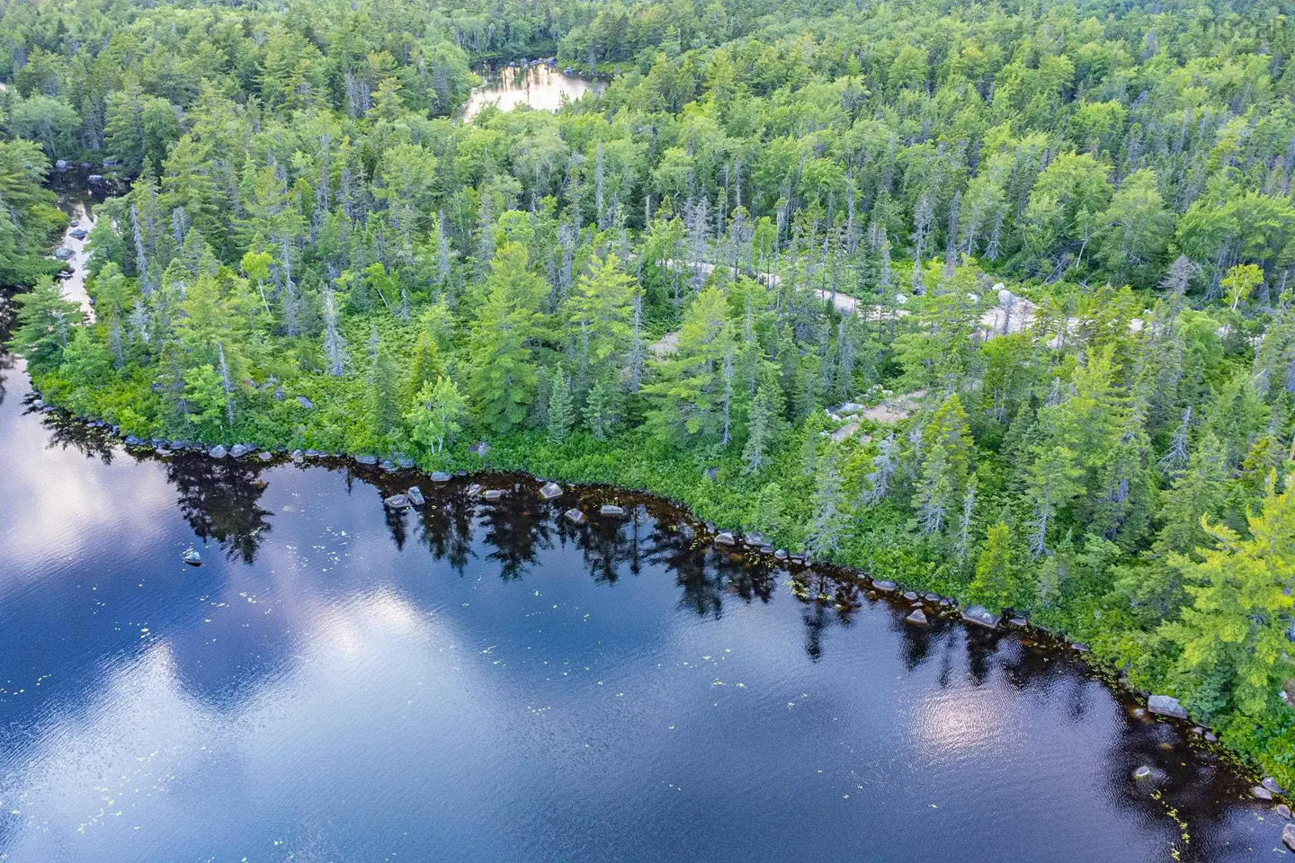 Aerial view of a dark blue lake surrounded by a dense green forest with a small sandy beach.