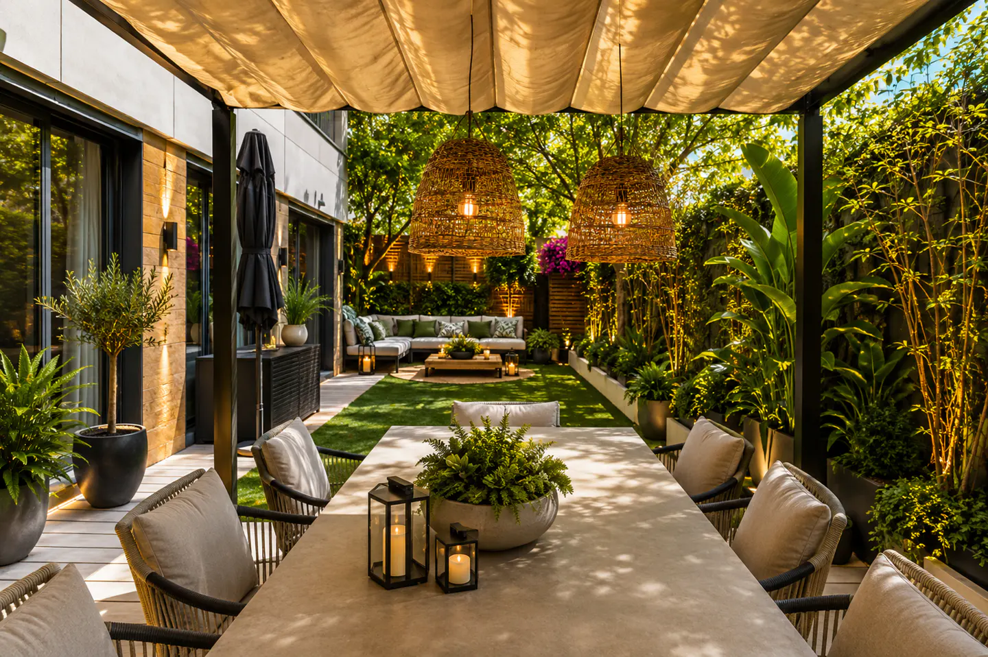 A backyard patio with a long table and chairs under a pergola, leading to a green lawn and outdoor seating area.