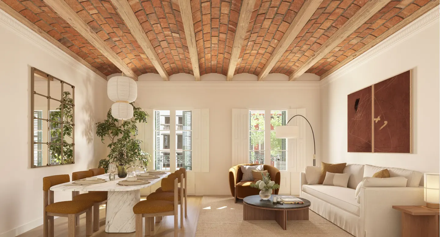 A bright living and dining area with a brick ceiling, white walls, and light wood floors. A marble table is set for dining. A white sofa and brown chair sit near the windows.