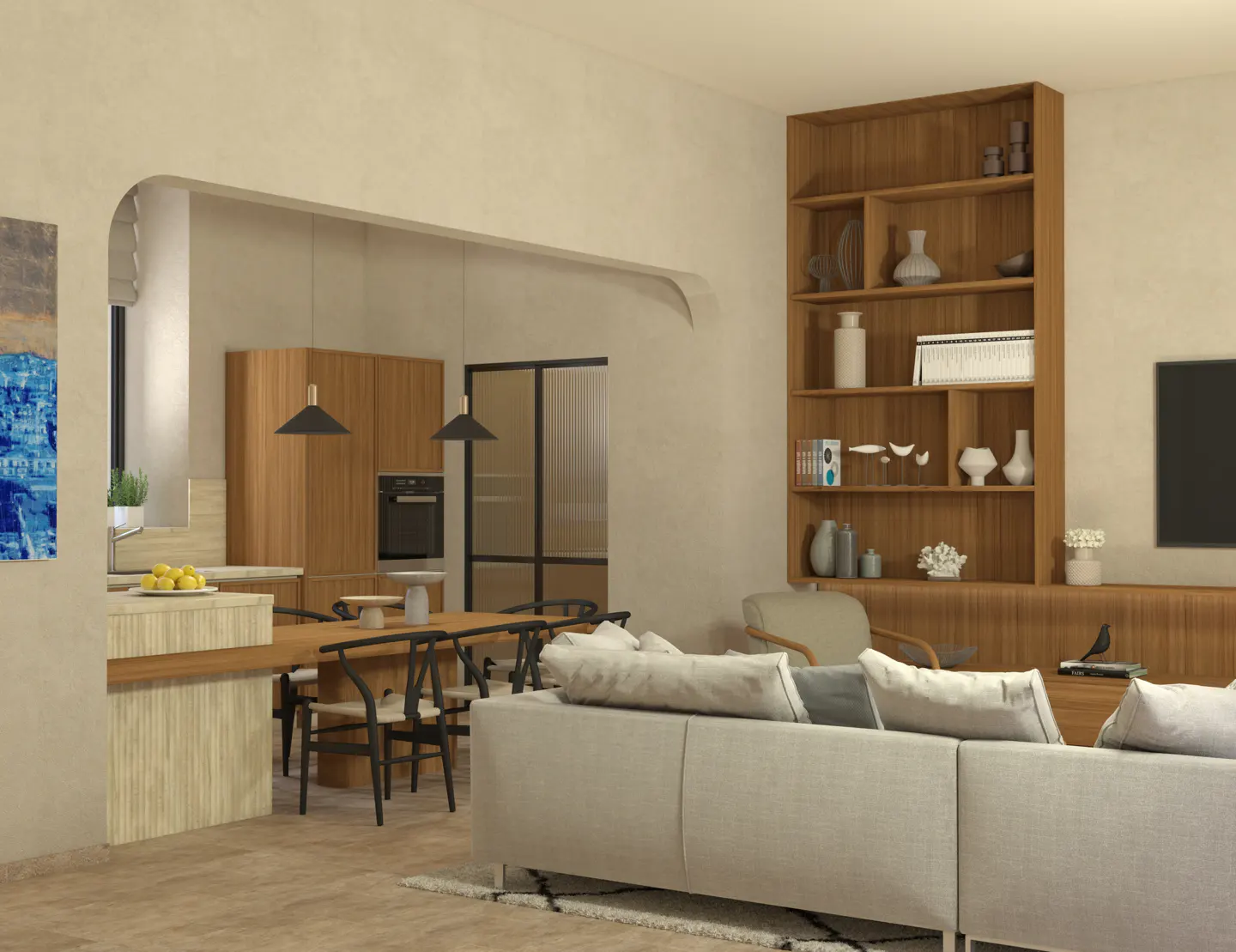 Open-concept living space with a kitchen, dining table, and living room. A large wooden bookshelf is on the right.
