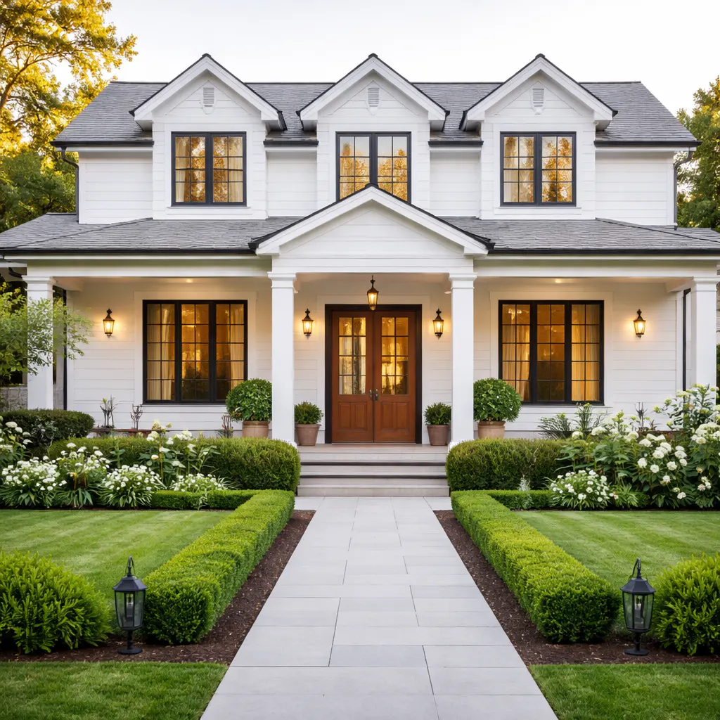A two-story white house with black trim, a gray roof, and a stone walkway leading to a wooden front door.