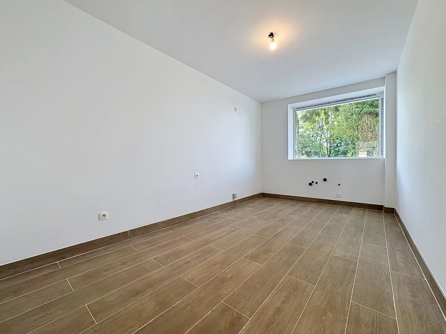 Empty room with white walls, wood-look tile flooring, a single ceiling light, and a window overlooking green trees.