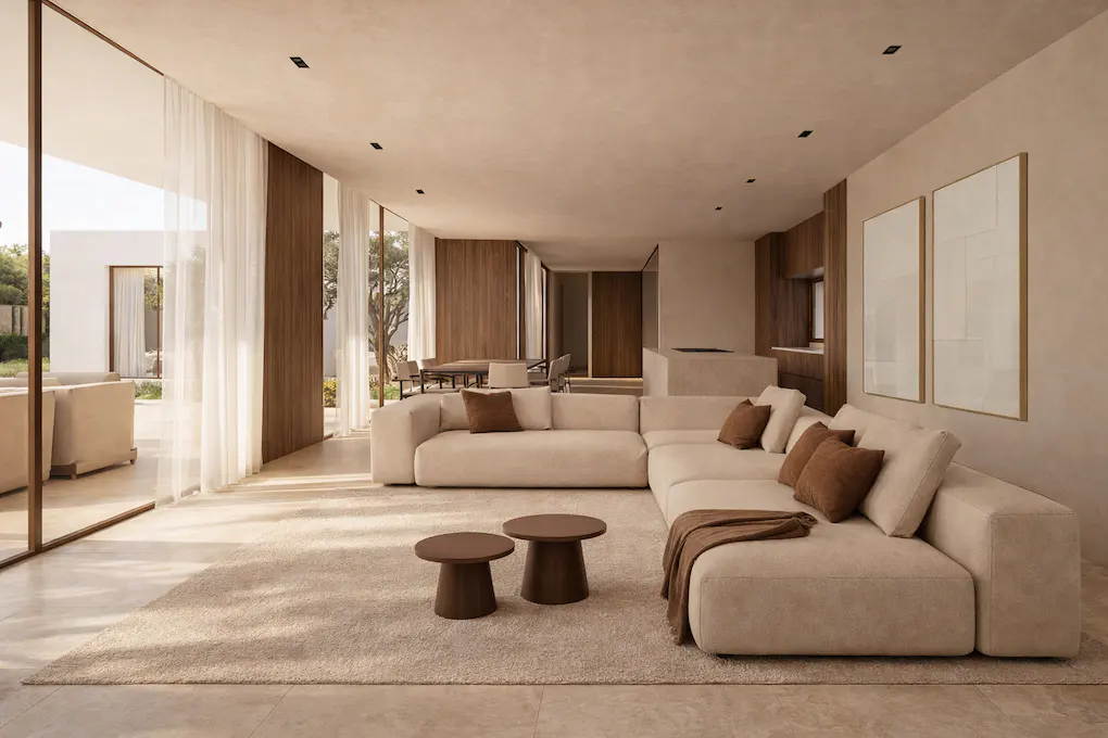 Modern living room with a beige sectional sofa, brown accent pillows, two small round tables, and floor-to-ceiling windows.