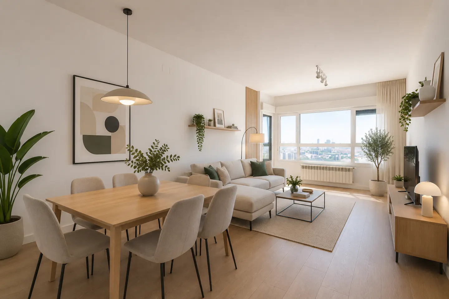 Modern open-plan living and dining room with light wood furniture, beige sofa, and large windows overlooking a city view.