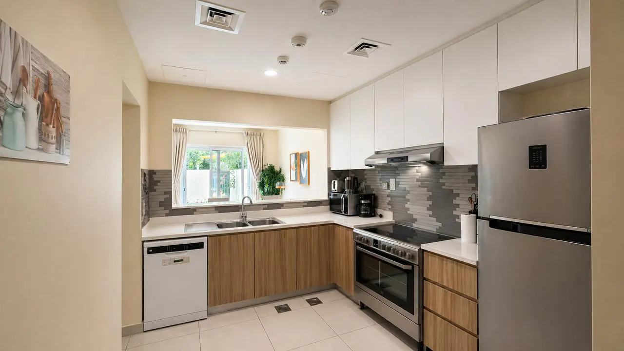 A modern kitchen with white cabinets, wood-grain lower cabinets, stainless steel appliances, and a window.