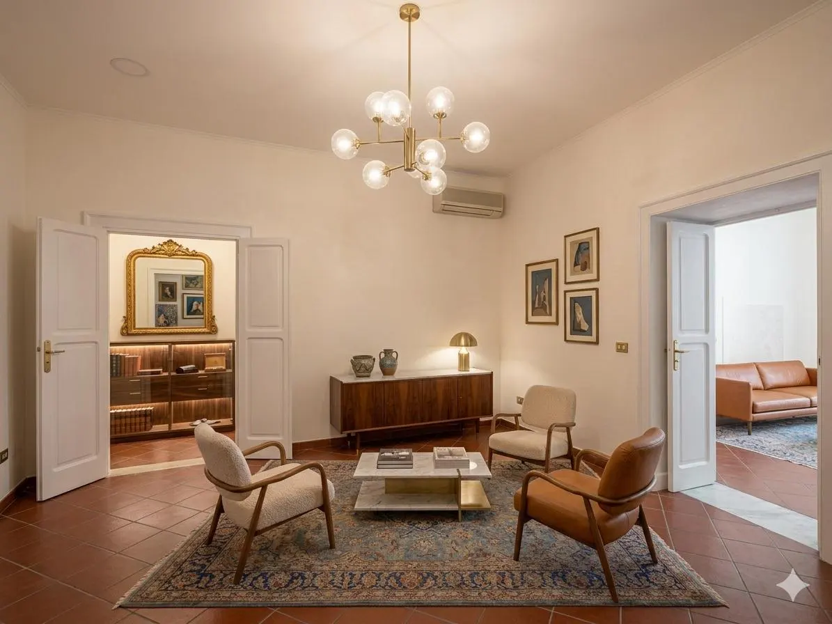 A living room with three chairs, a coffee table, and a cabinet with a lamp. A gold chandelier hangs from the ceiling.