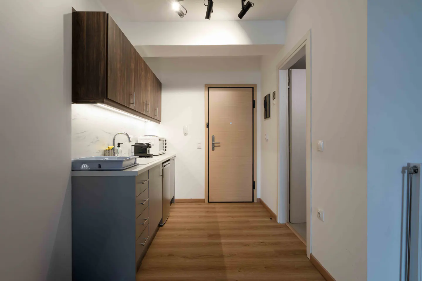 A bright apartment hallway with a kitchen area, a light wood door, and wood floors.