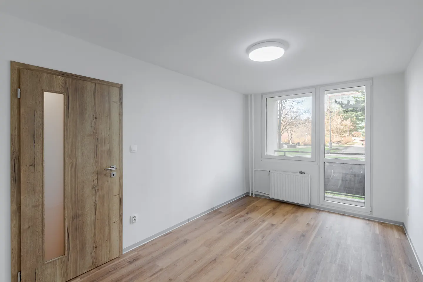 Bright, empty room with wood-look floors, white walls, and a wood door with a glass panel. A window shows trees and a walkway.