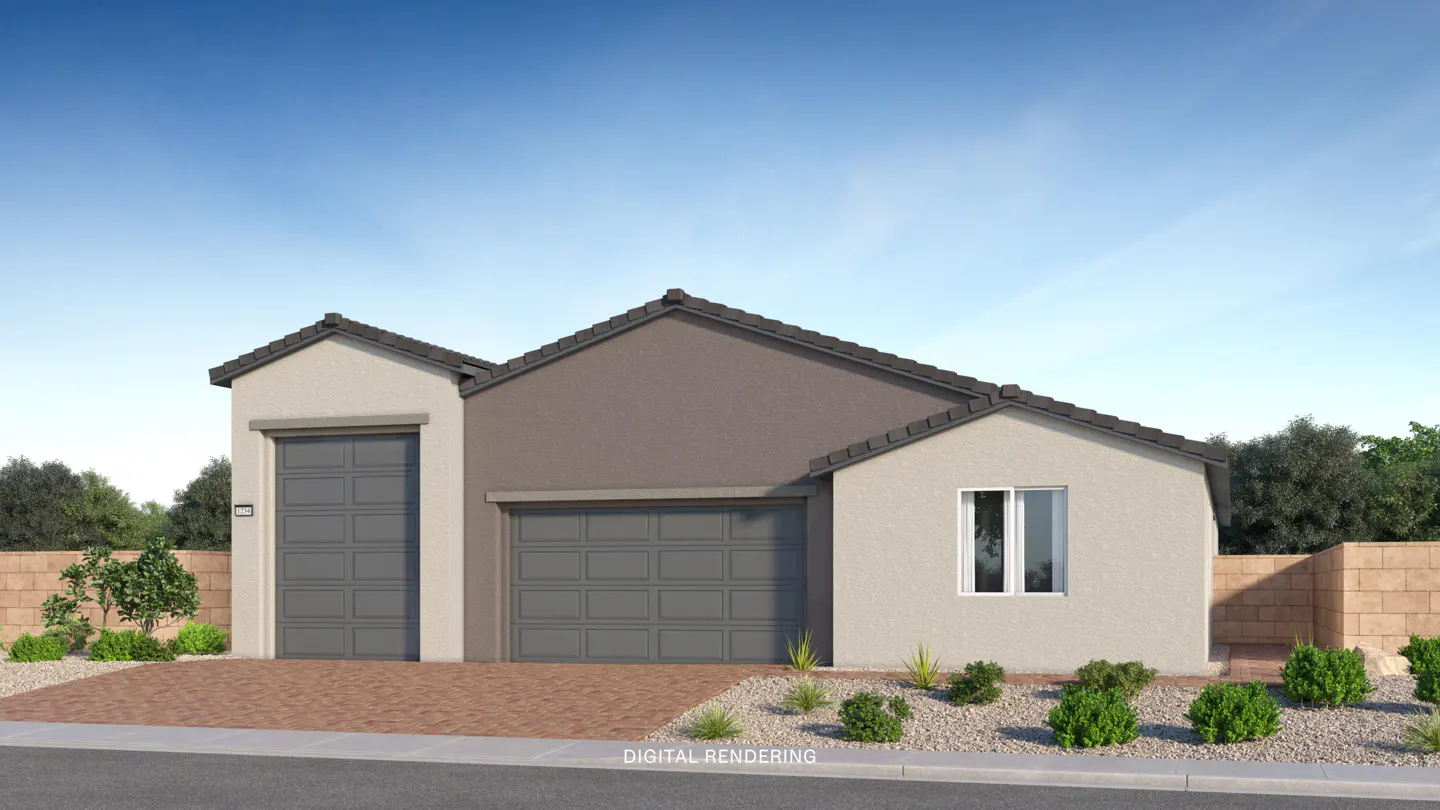 A modern, single-story home with two gray garage doors, beige and gray stucco, and a dark roof under a blue sky.