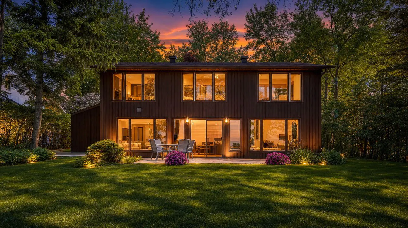 Two-story brown house with large windows and a patio at sunset, surrounded by lush trees and a manicured lawn.