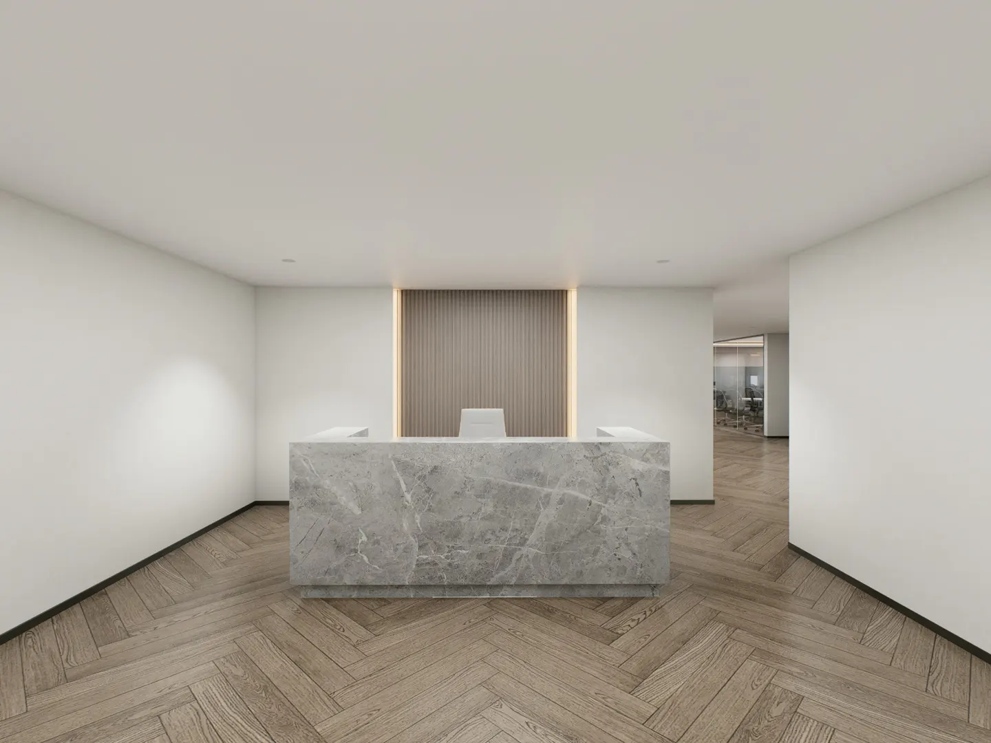 Office reception area with a gray marble desk, wood floors, and a wood paneled wall.