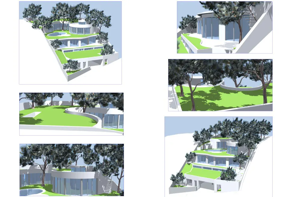 Here are the ALT texts for the image:

*   Modern white house with green roof on a hillside, surrounded by trees.

*   Exterior view of a modern house with a green lawn and trees.

*   Modern white house with a curved design and glass windows, surrounded by trees.