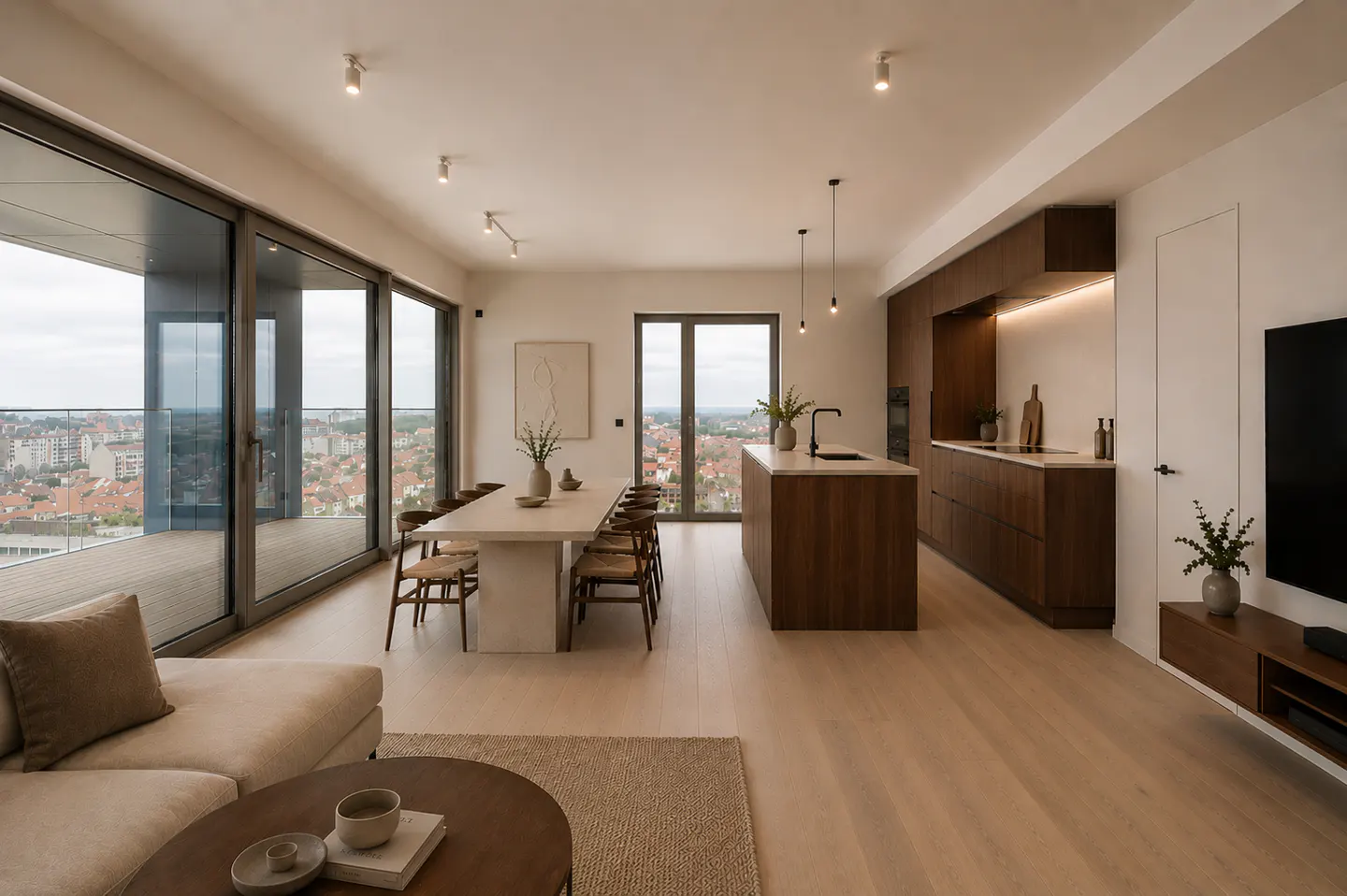 Bright, modern apartment interior with a dining table, kitchen island, and large windows overlooking a cityscape.