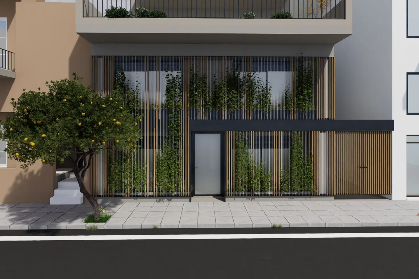 Modern building facade with vertical wood slats, green vines, and a lemon tree on the sidewalk.