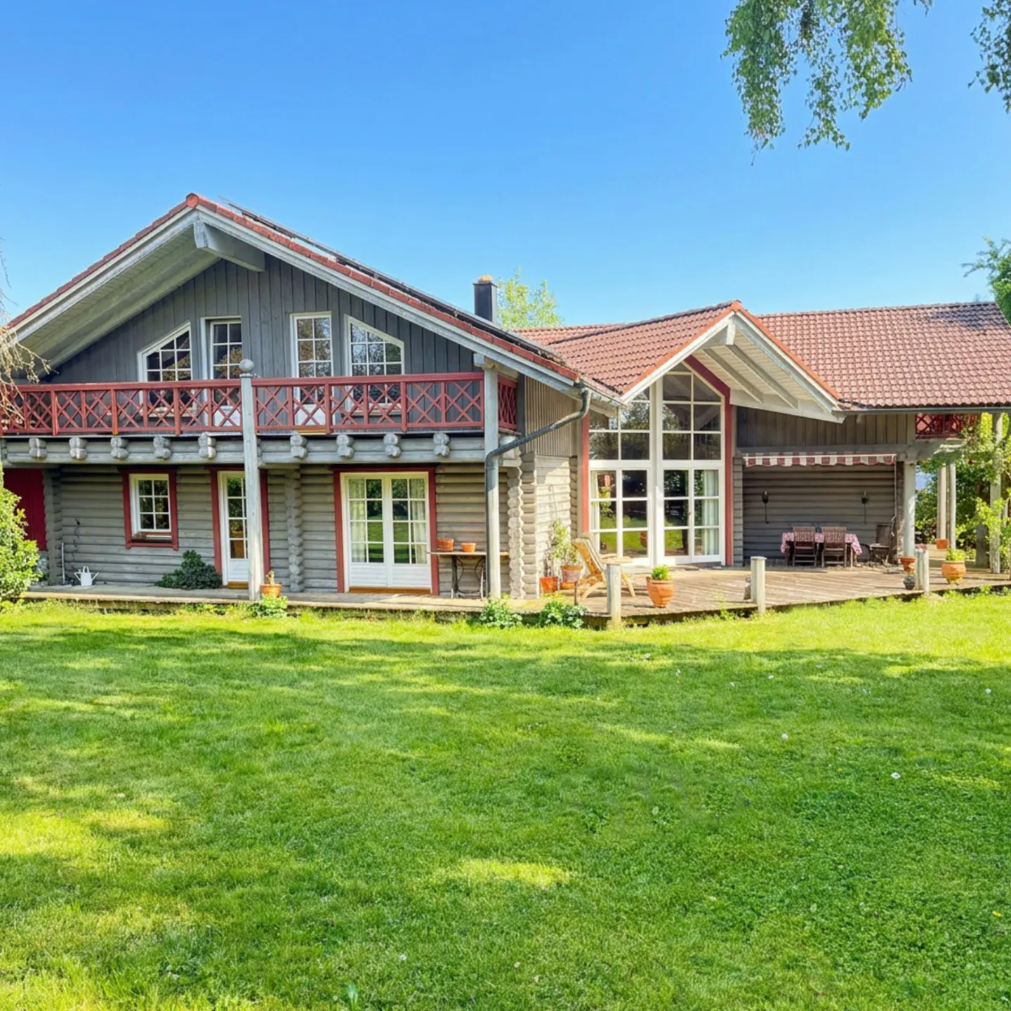 A large, grey wooden chalet with a red balcony and tiled roof, set against a bright blue sky with a lush green lawn.