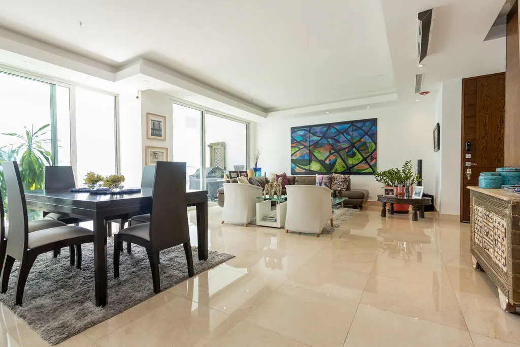 Bright, open-concept living space with a dark wood dining table and chairs, a gray rug, and a living room with white chairs and a brown sofa. A colorful painting hangs on the wall.