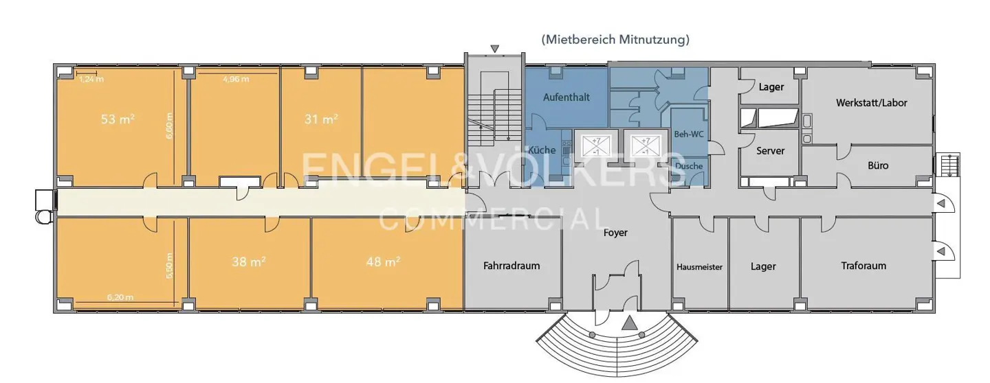 Floor plan of a commercial space with orange offices, blue common areas, and gray storage, foyer, and utility rooms. Stairs lead to the upper level.
