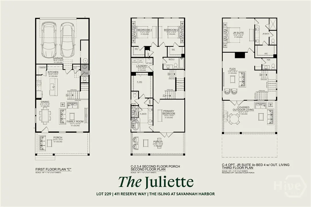 Floor plan for "The Juliette" home, showing three levels: first floor with garage, kitchen, and dining; second floor with bedrooms; third floor with flex space and outdoor living.