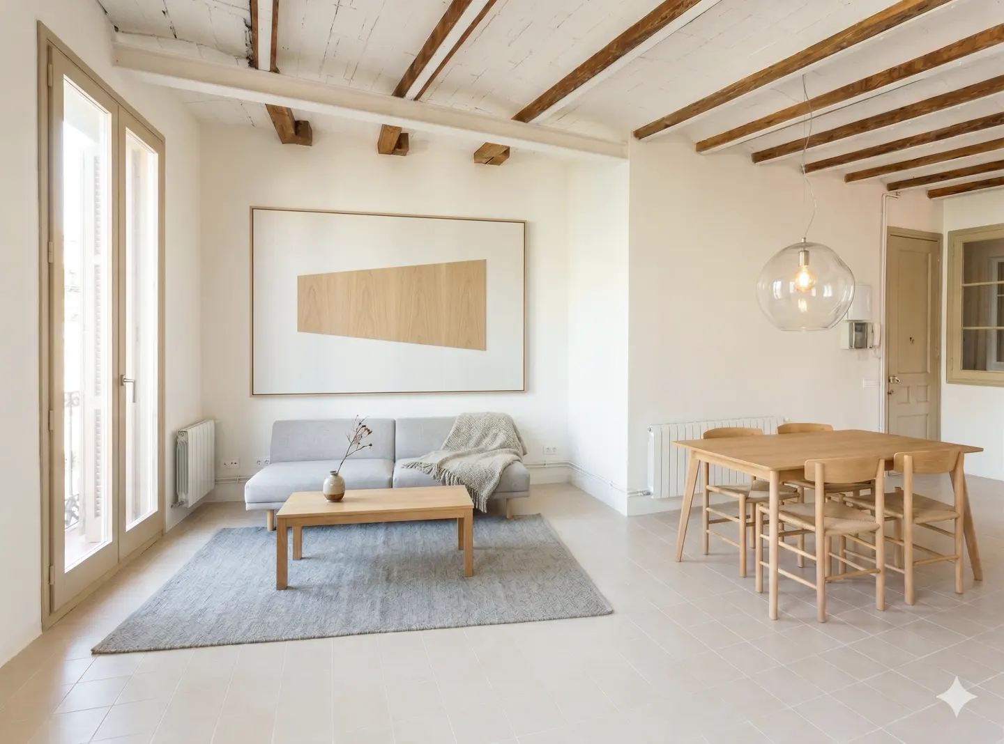Bright living space with exposed beams, light gray sofa, wood table, and dining set under a glass pendant light.