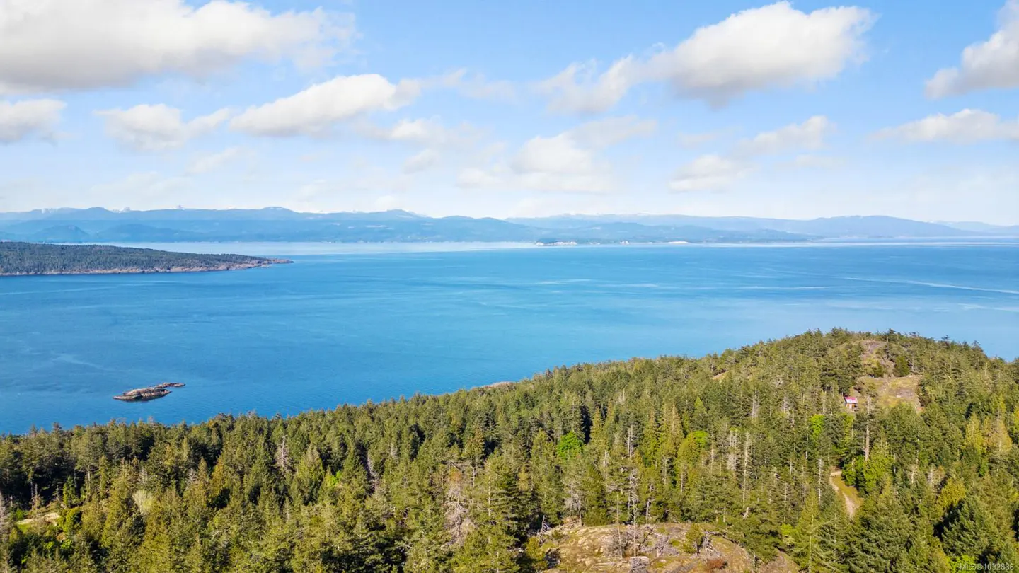 Aerial view of a forested island overlooking a blue ocean under a partly cloudy sky.