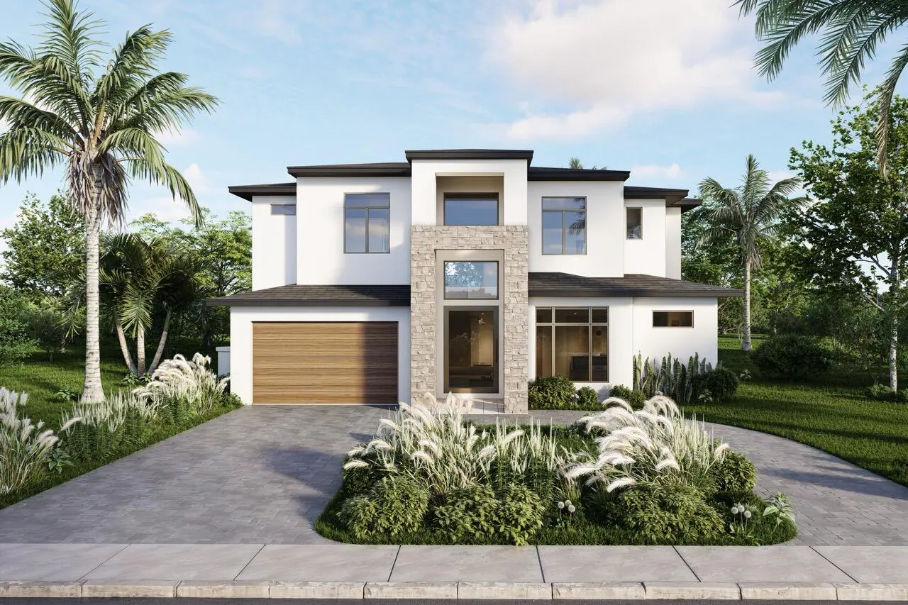 Two-story modern white house with a stone facade, dark roof, and wood garage door. Palm trees and landscaping surround the property.