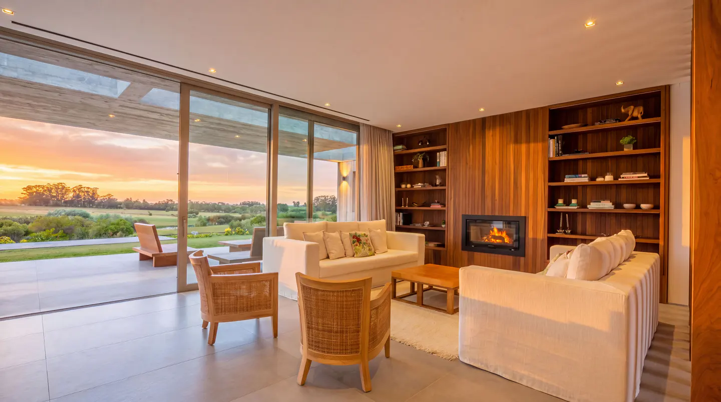 Bright living room with white sofas, wicker chairs, and a wood-paneled wall with a fireplace. Large windows offer a view of a green field at sunset.