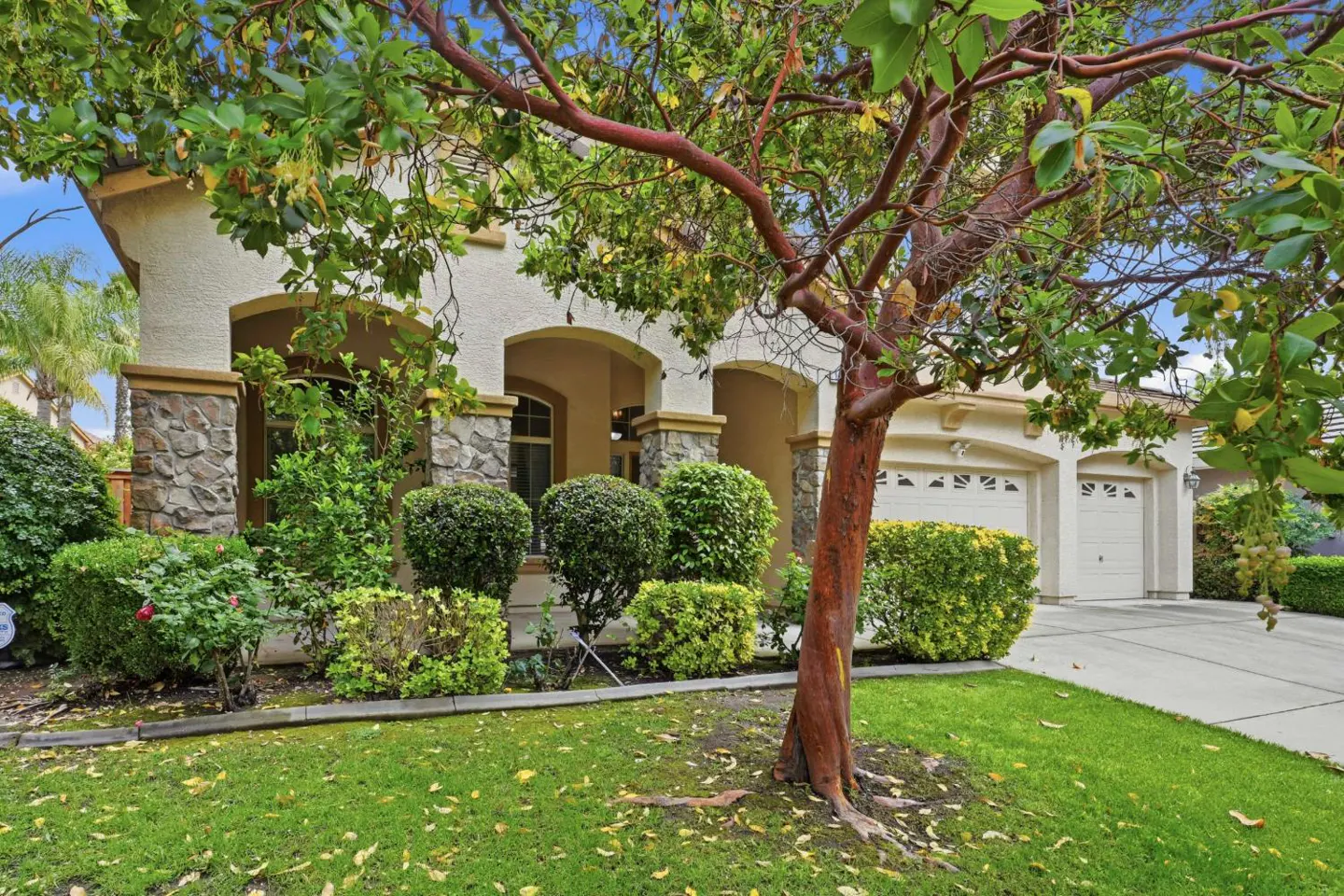Beige house with stone accents, arched porch, and a red-barked tree in the front yard. Green lawn and trimmed bushes.