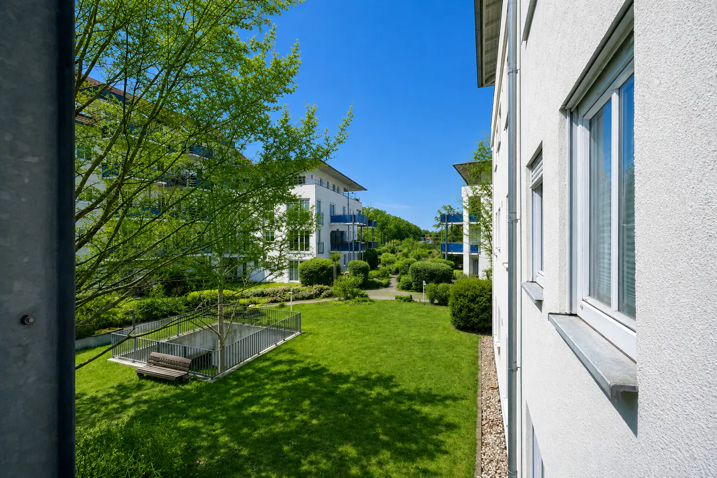 View of a green courtyard with benches, trees, and white buildings with blue balconies under a clear blue sky.