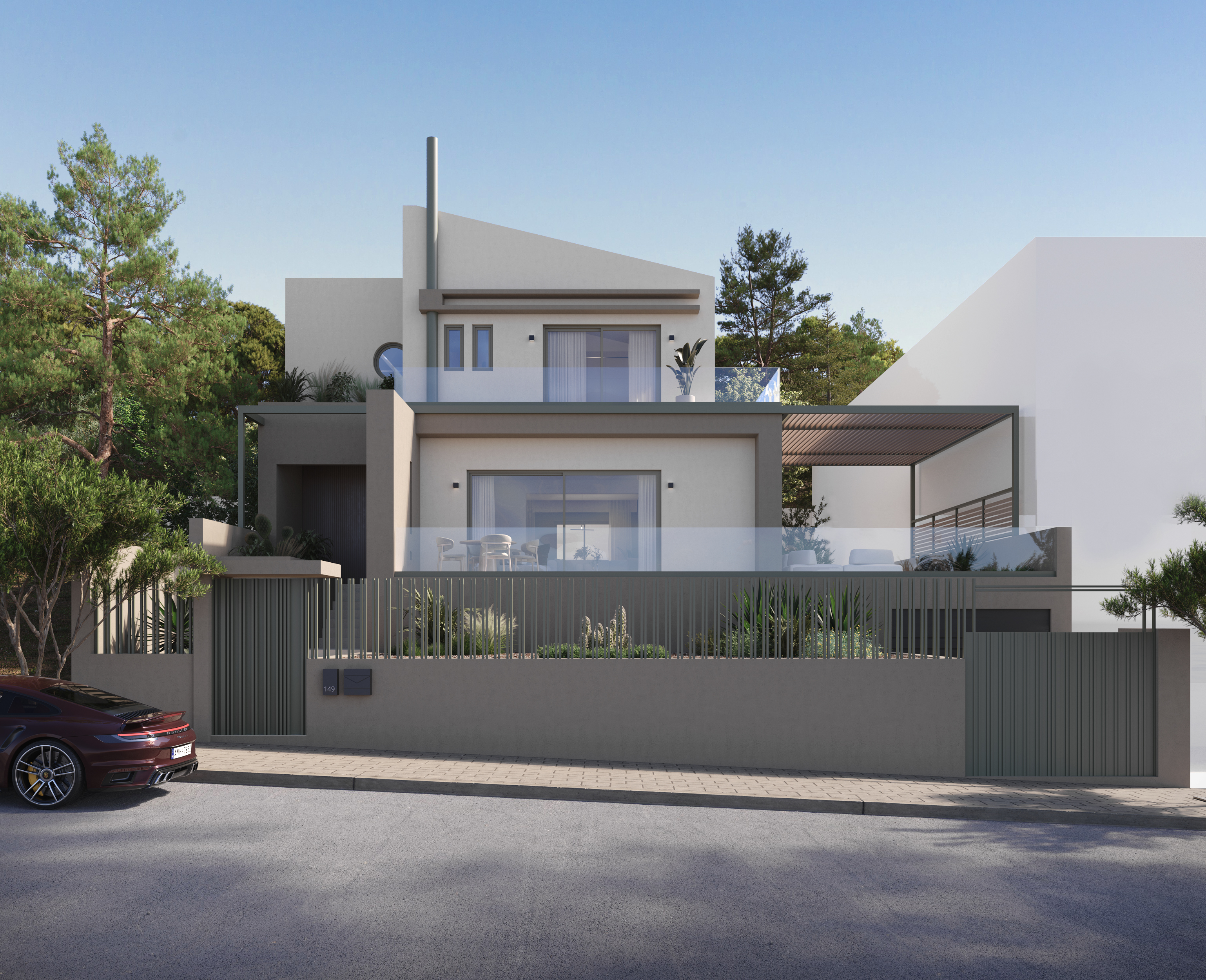 Newly built minimalist architectural house with garden, pool & sea view in Aigli Glyfada