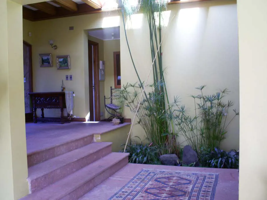 Indoor courtyard with steps leading to a yellow-walled room. A rug sits near plants and bamboo. Sunlight streams from above.