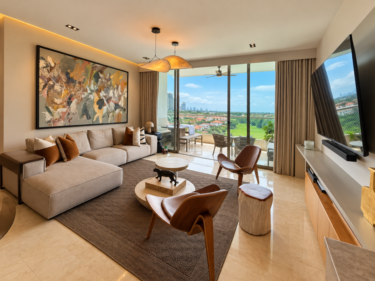 Modern living room with beige sectional, two leather chairs, large abstract art, and a balcony overlooking a green landscape. [AI-generated text]
