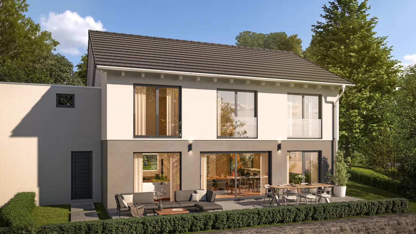 Two-story house with gray roof, white and gray siding, large windows, patio with furniture, and green hedge.