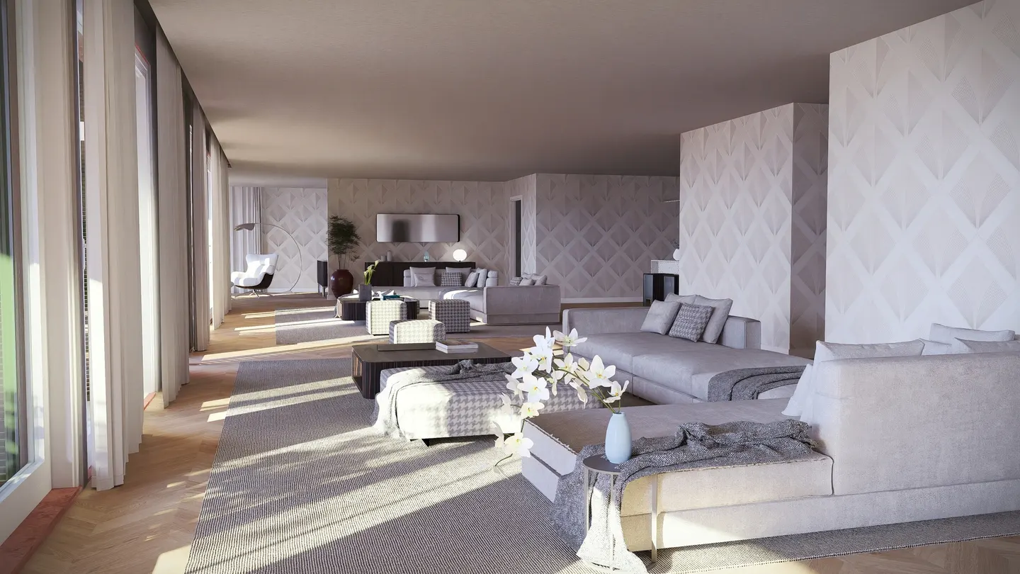 Bright, modern living room with gray sofas, patterned walls, and large windows. Sunlight streams in.