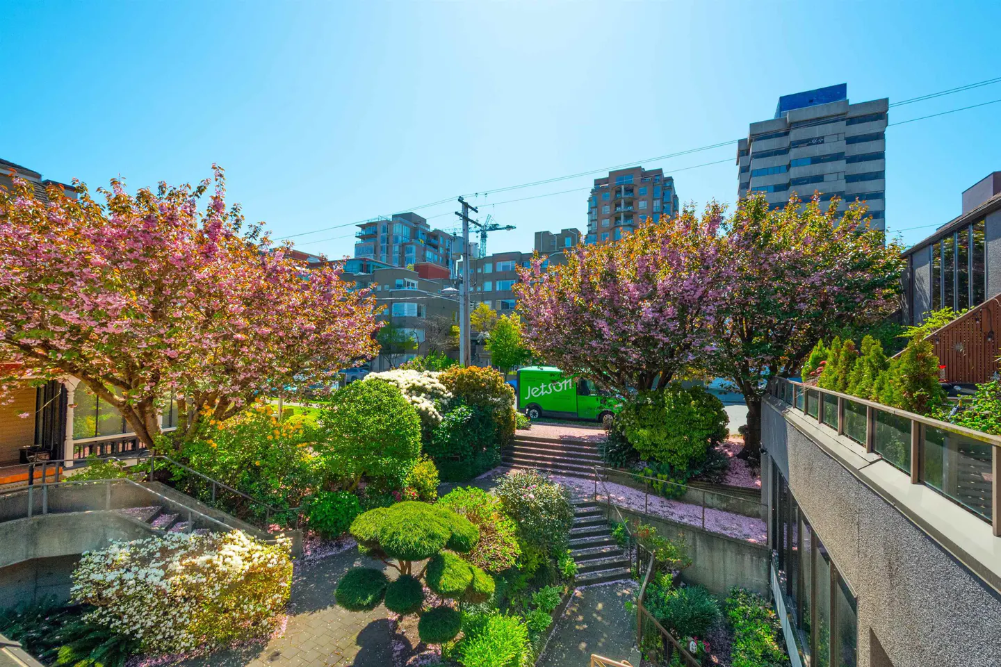 View of a garden with pink cherry blossom trees, green bushes, and a green Jetson van in the background.