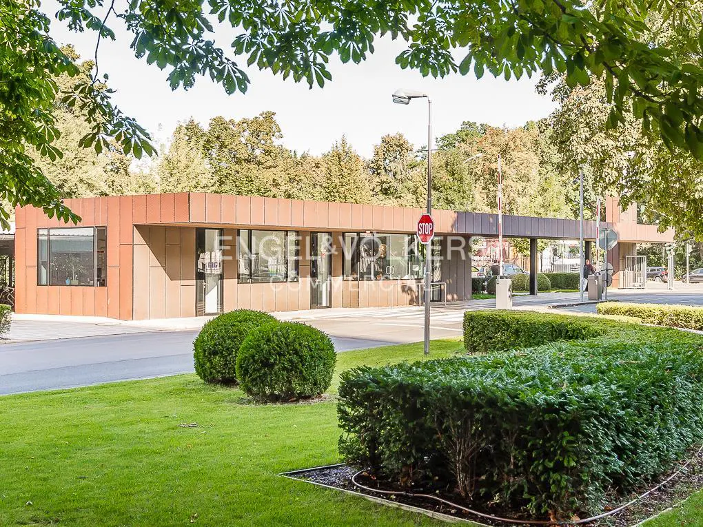 Exterior view of Engel & Volkers commercial building with brown facade, green lawn, and trimmed bushes on a sunny day.