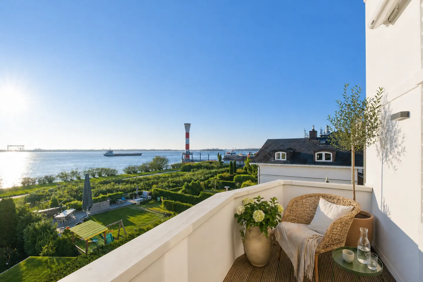 Balcony view with wicker chair, flowers, and a table. In the background, a lighthouse, water, and green landscape under a blue sky.