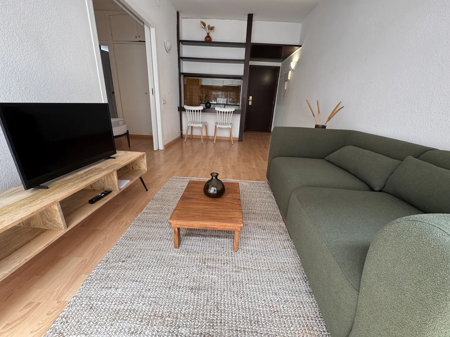 Living room with a green sofa, wooden coffee table with a vase, and a TV on a wooden stand. A rug covers the wooden floor.
