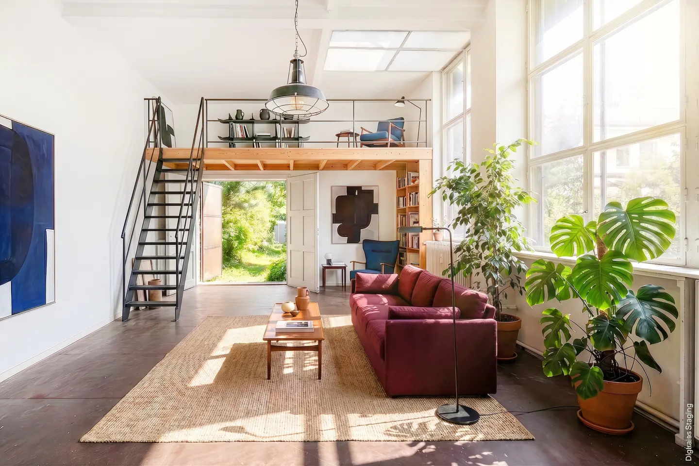 Bright loft living room with a burgundy sofa, wooden coffee table, large windows, indoor plants, and a mezzanine level.