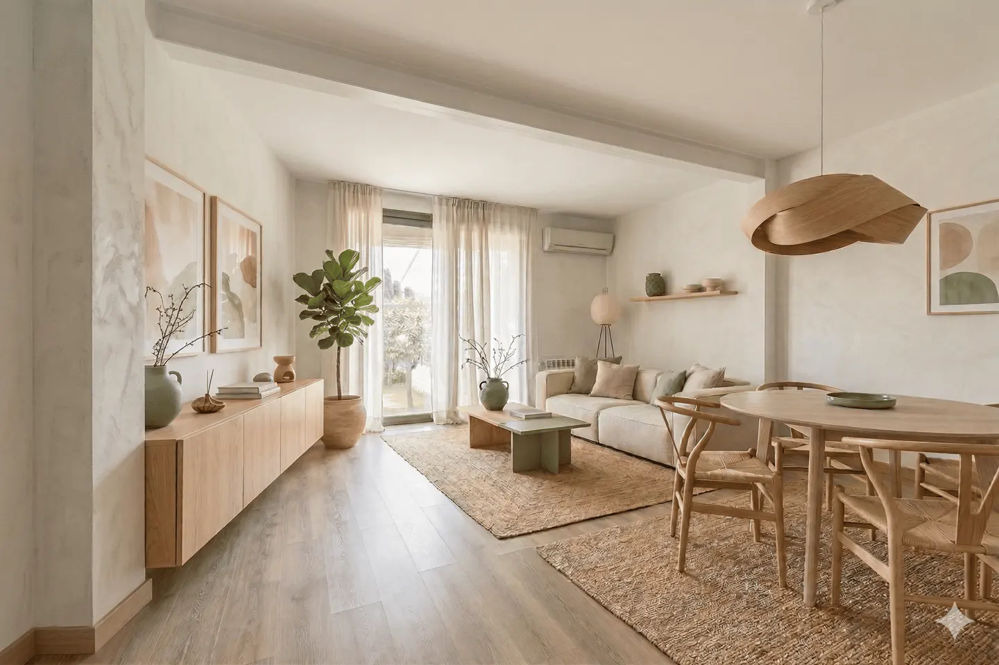 Bright, modern living room with wood floors, a beige sofa, and a round wood dining table. A large plant sits near the window.