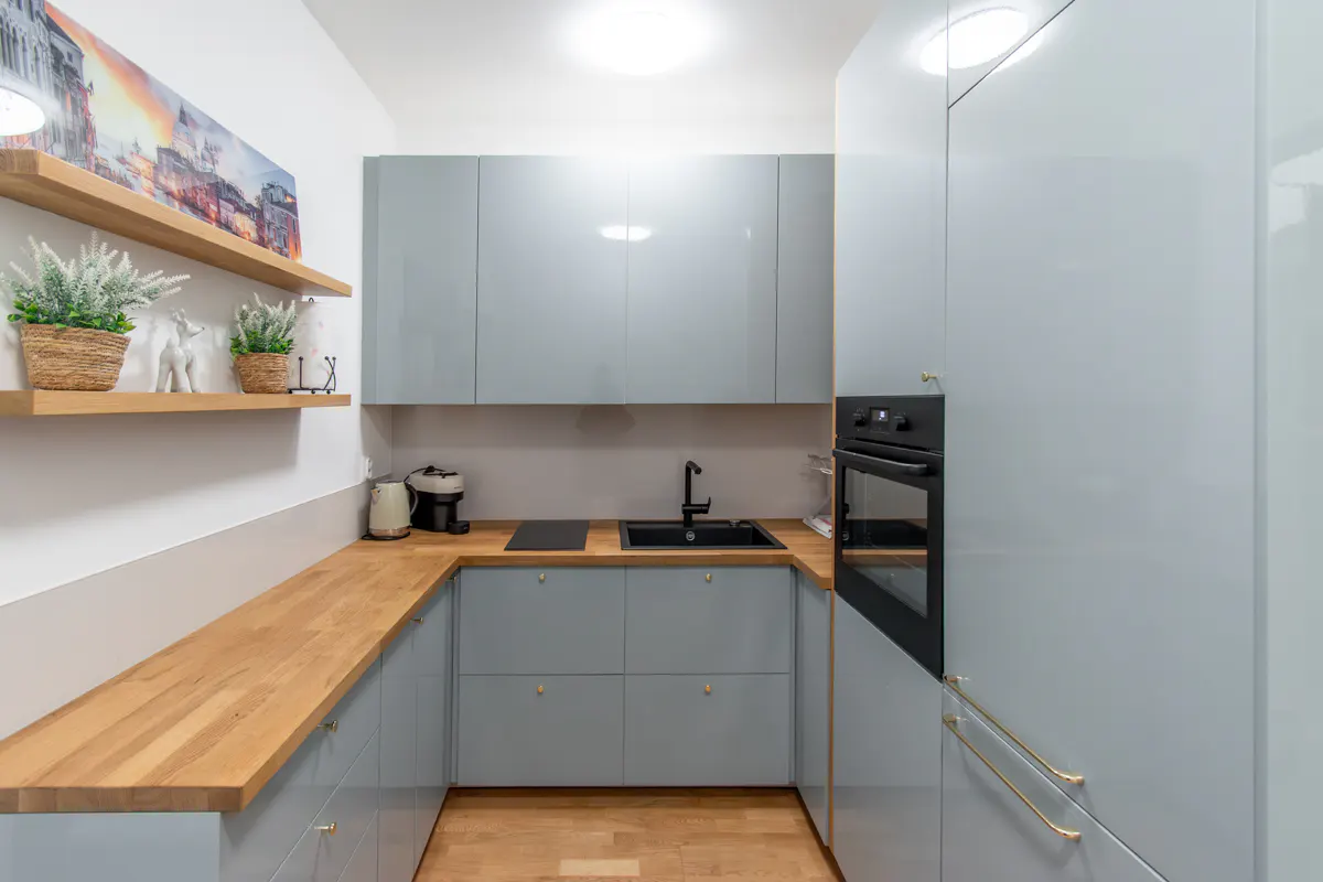 A modern kitchen with light blue cabinets, a wooden countertop, and black appliances. Shelves with plants and a city picture add a decorative touch.