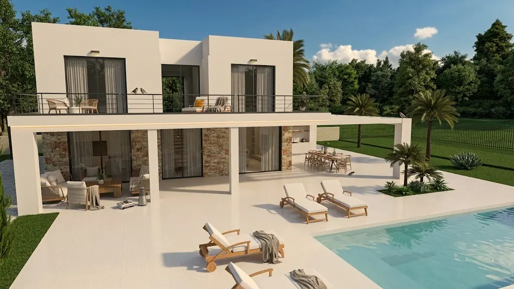 Modern white two-story house with a pool and patio, featuring lounge chairs, outdoor dining, and balconies.