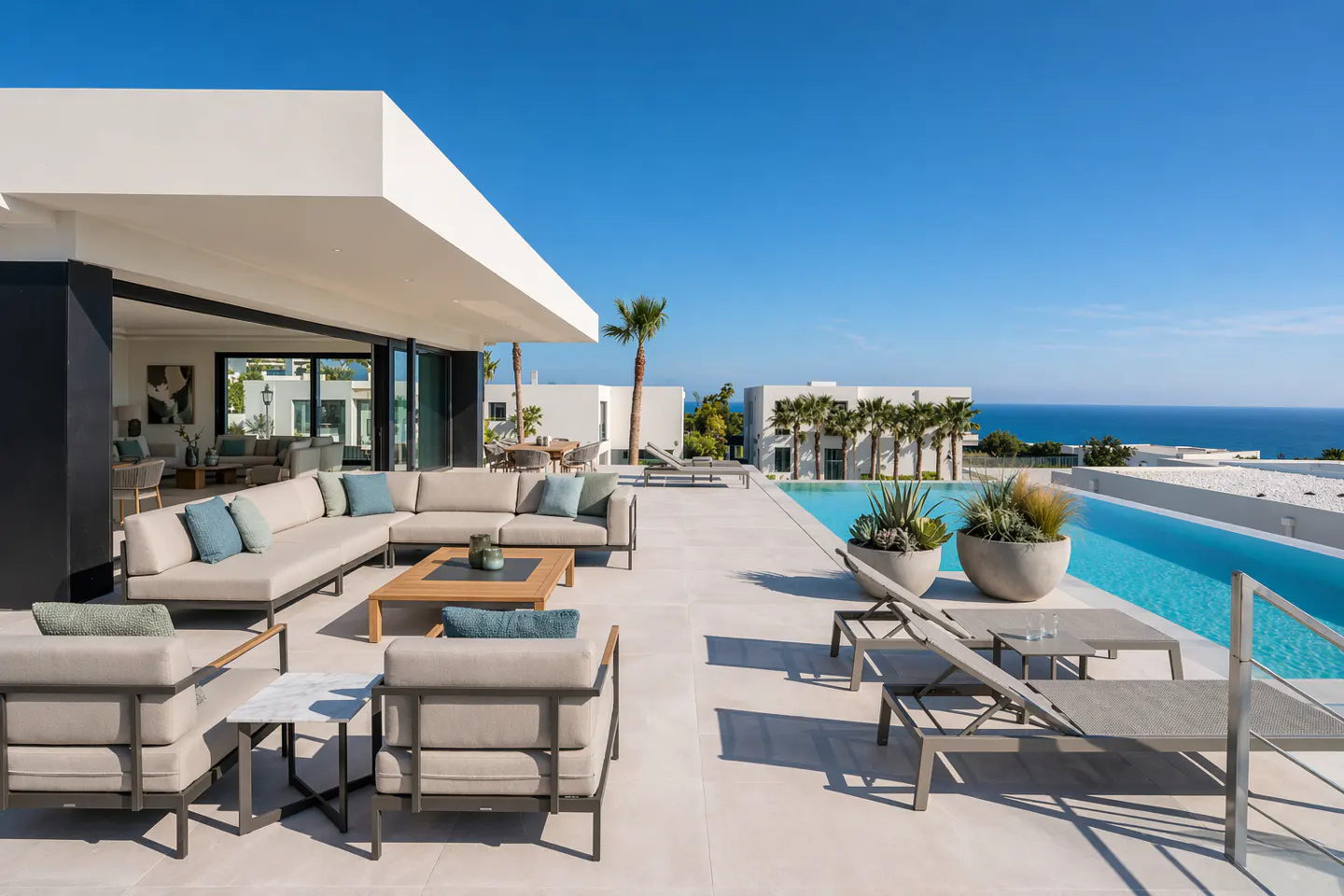 Luxury villa patio with beige seating, blue cushions, and a pool overlooking the ocean under a clear blue sky.
