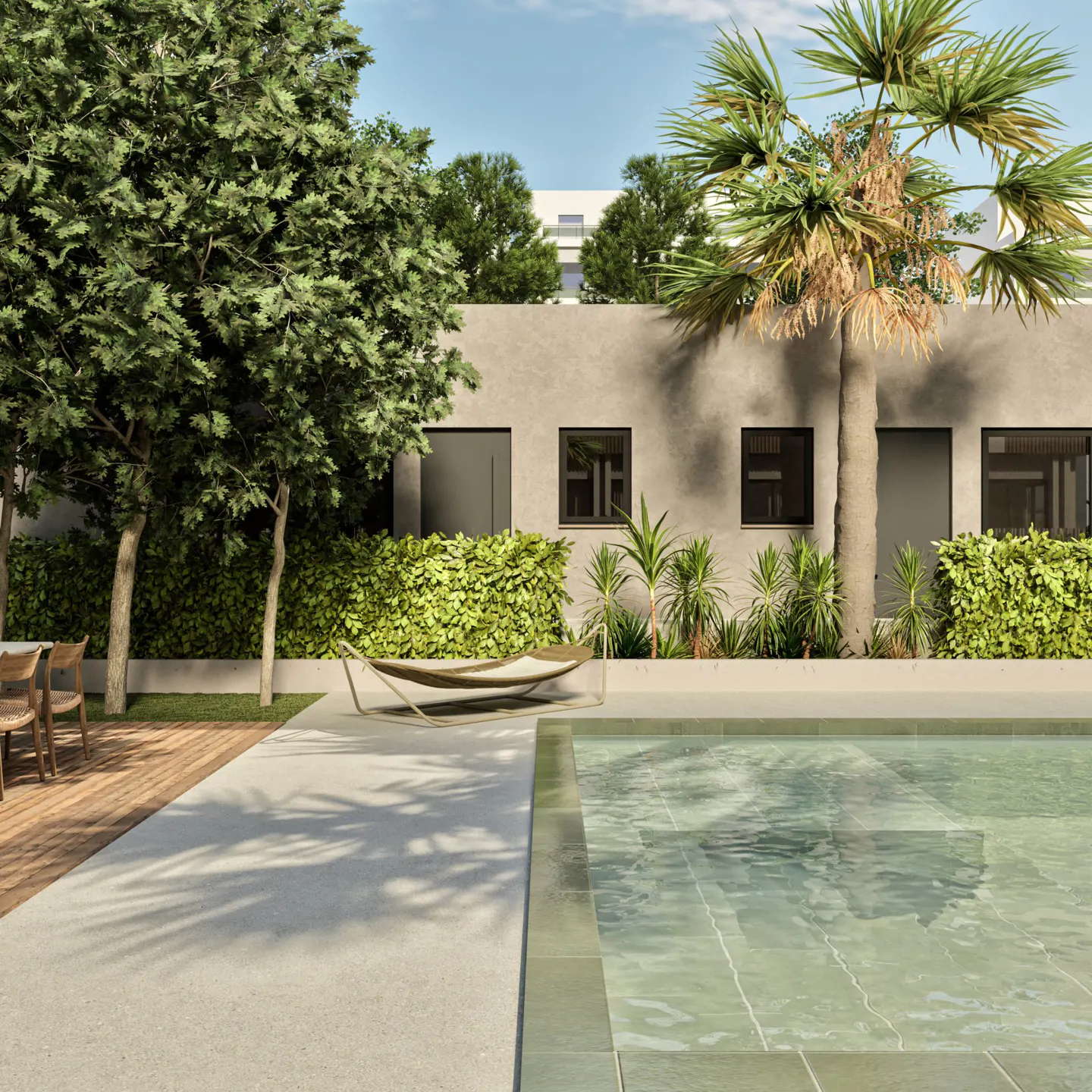 Modern home exterior with a pool, hammock, and lush greenery. The building has a gray facade and dark windows. Palm tree and blue sky.