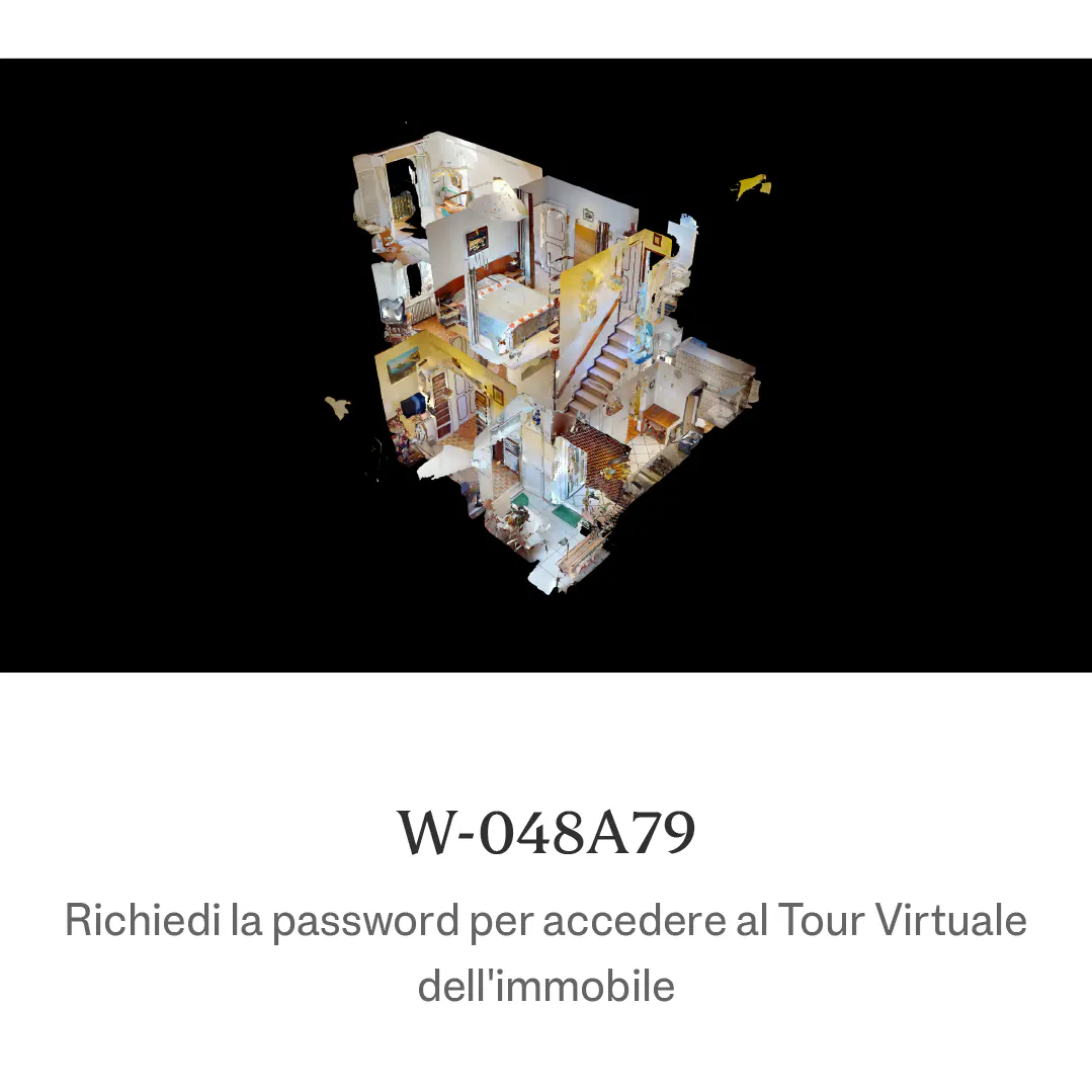 3D model of a house interior, showing rooms, stairs, and furniture, set against a black background.