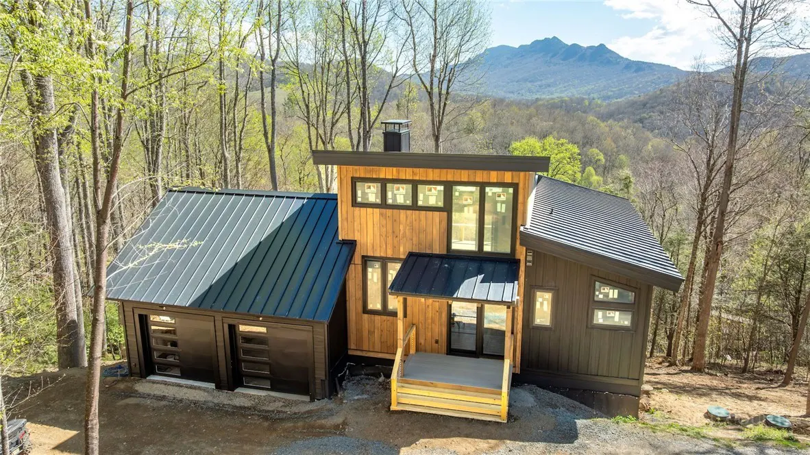 Modern home with black metal roof and wood siding, nestled in a forest with mountains in the background.
