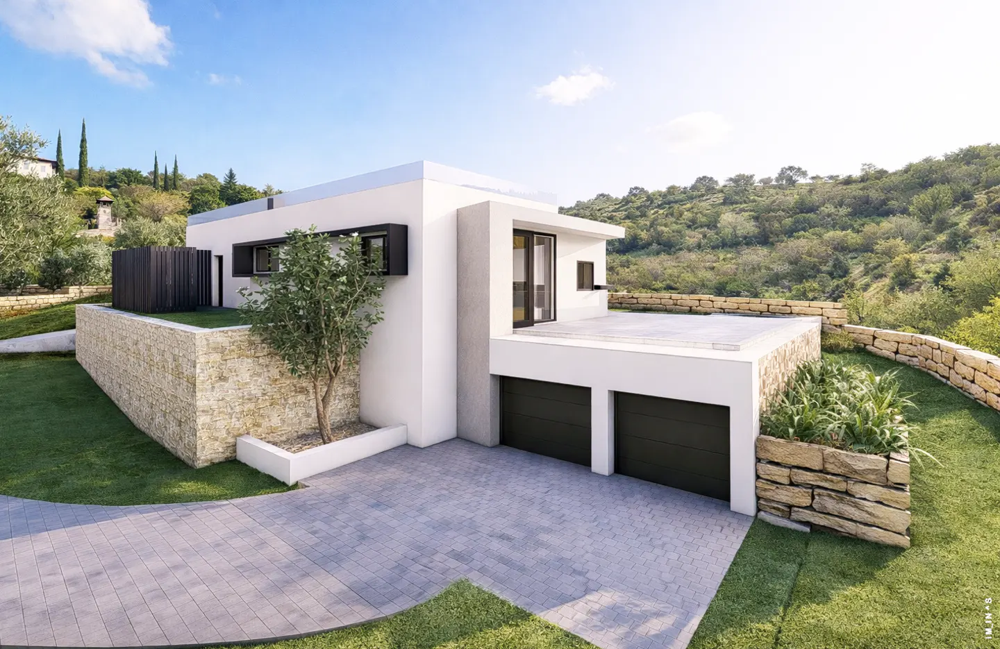 Modern white house with a two-car garage and stone retaining walls. A paved driveway leads to the garage. Green grass and trees surround the house.