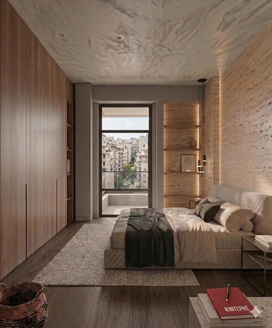 Modern bedroom with a large bed, wood floors, and a city view from the balcony. A large wooden closet is on the left.