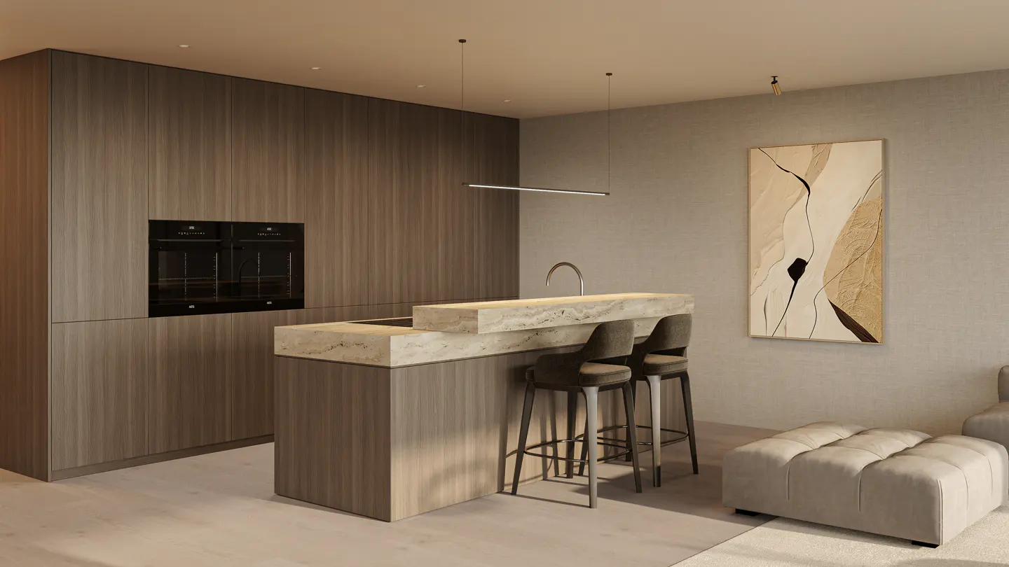 Modern kitchen with wood cabinets, stone island with two stools, and abstract art on the wall.