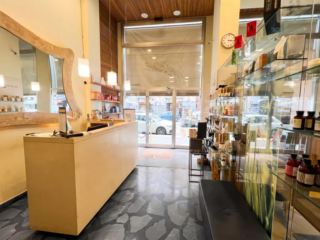 Modern salon interior with a light wood reception desk, stone-patterned floor, glass product shelves, and large windows.